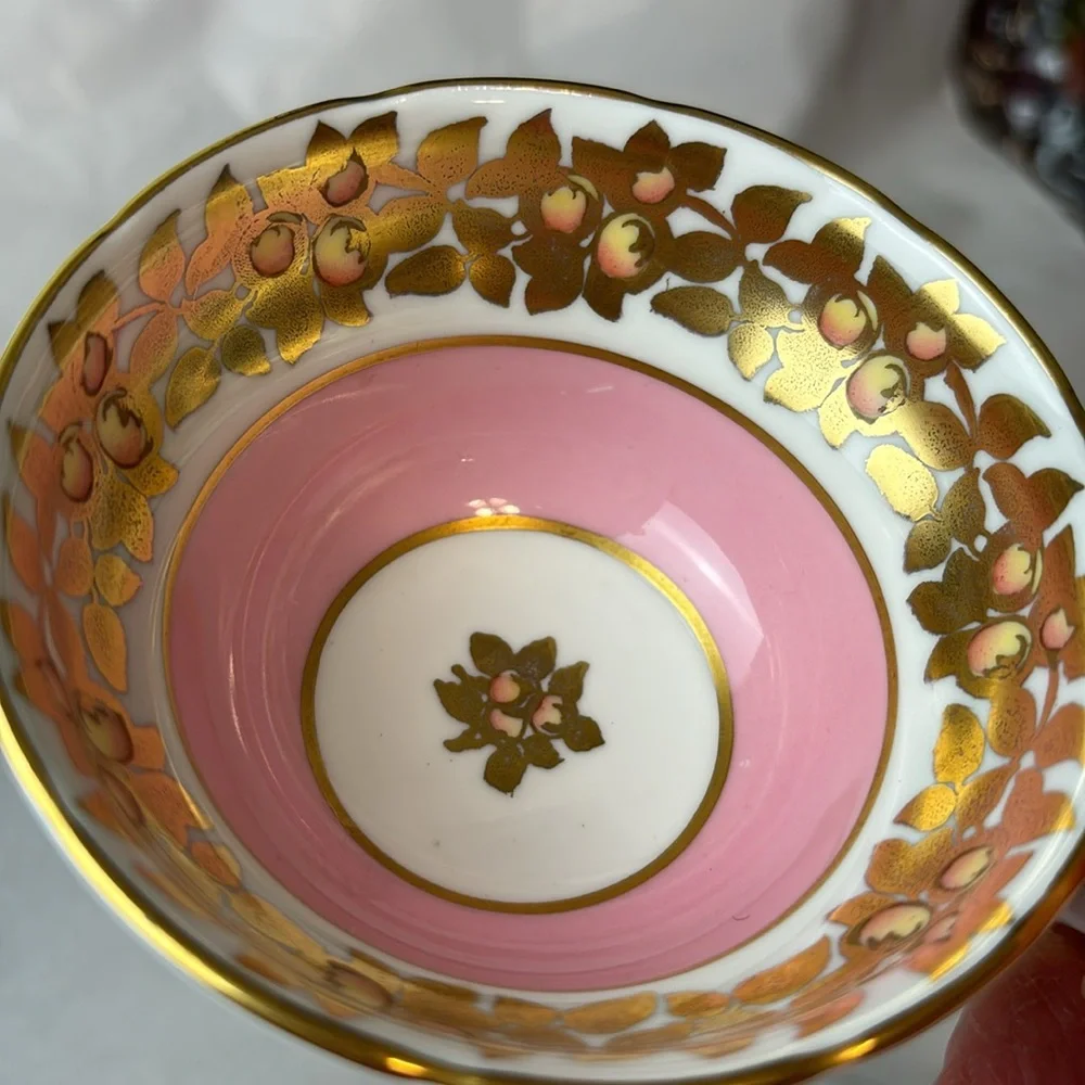 Antique Grosvenor Tea Cup and Saucer Set heavy gold vine with peaches